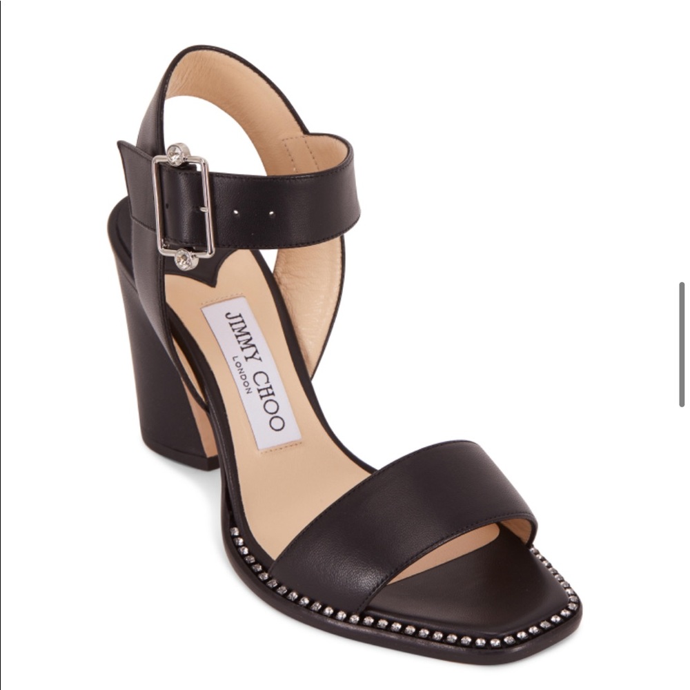 Black leather Jimmy Choo block heels crystal studs